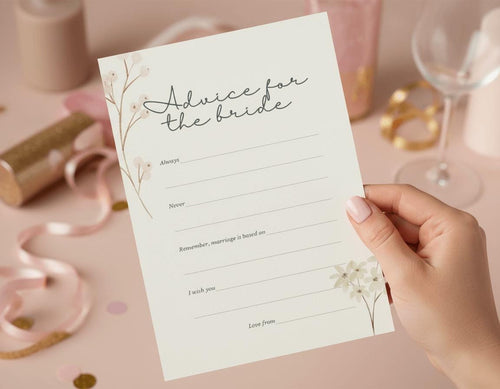 A hand holding a card titled 'Advice for the bride-to-be' with a bridal shower scene blurred in the background. 