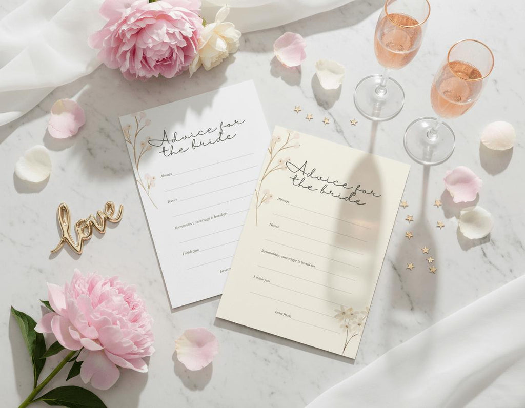 Two 'Advice for the bride-to-be' cards on a marble table.