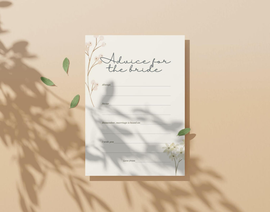Card with 'Advice for the bride-to-be' text on a beige background. 