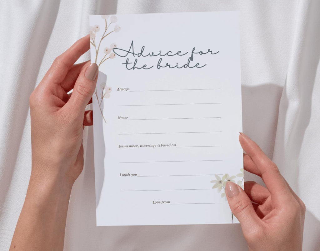 Hands holding a card titled  'Advice for the bride-to-be' against a white background. 