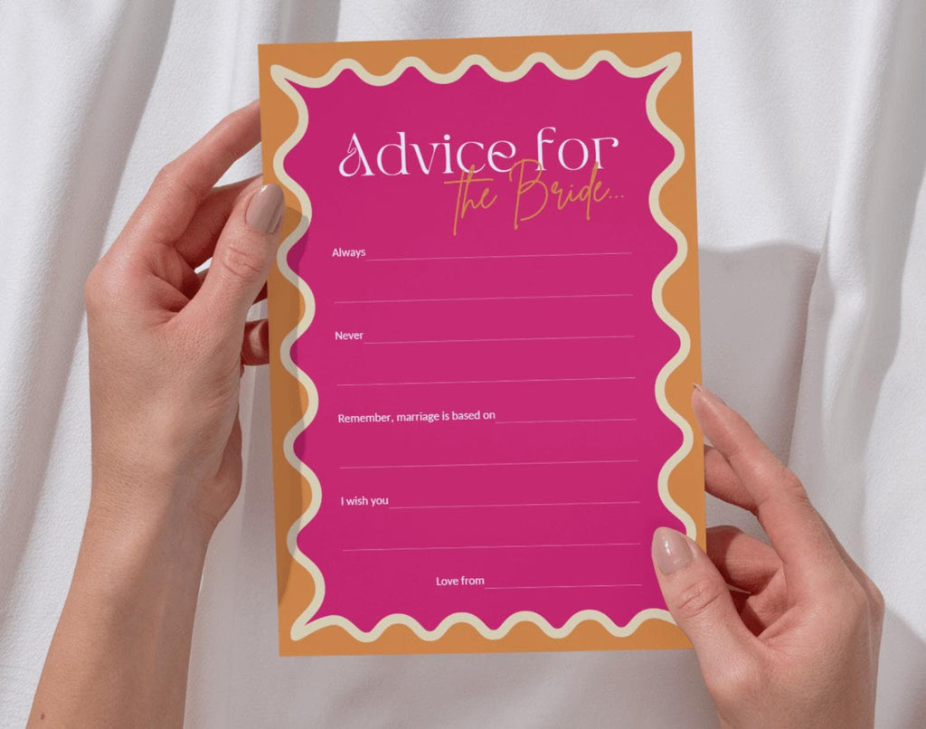 Pink card with 'Advice for the Bride' text held by hands against a white background.