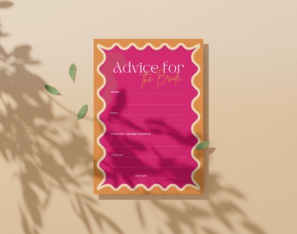 One pink 'Advice for the Bride' card with orange borders on a beige surface.