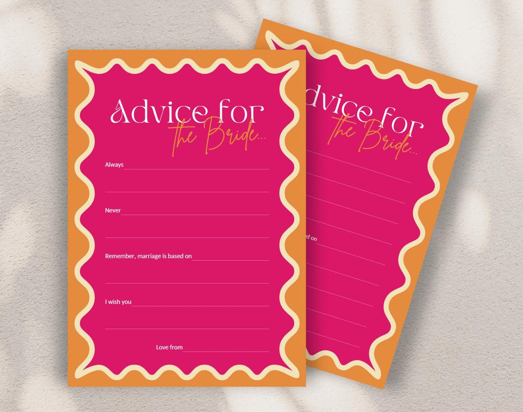 Two pink 'Advice for the Bride' cards with orange borders on a white surface.