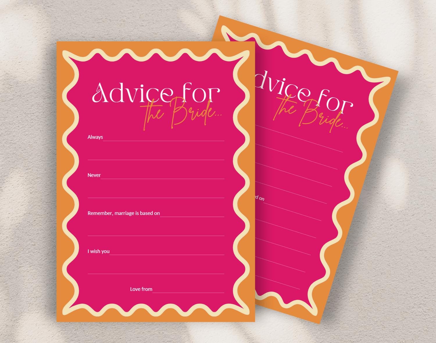 Two pink 'Advice for the Bride' cards with orange borders on a white surface.