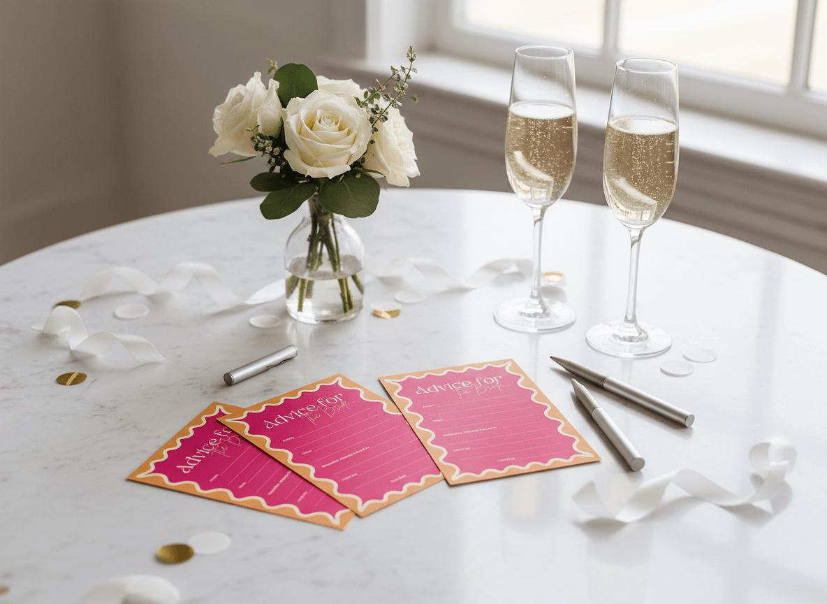 Two glasses of champagne, a vase of white roses, and pink 'Advice for the bride' cards on a table.