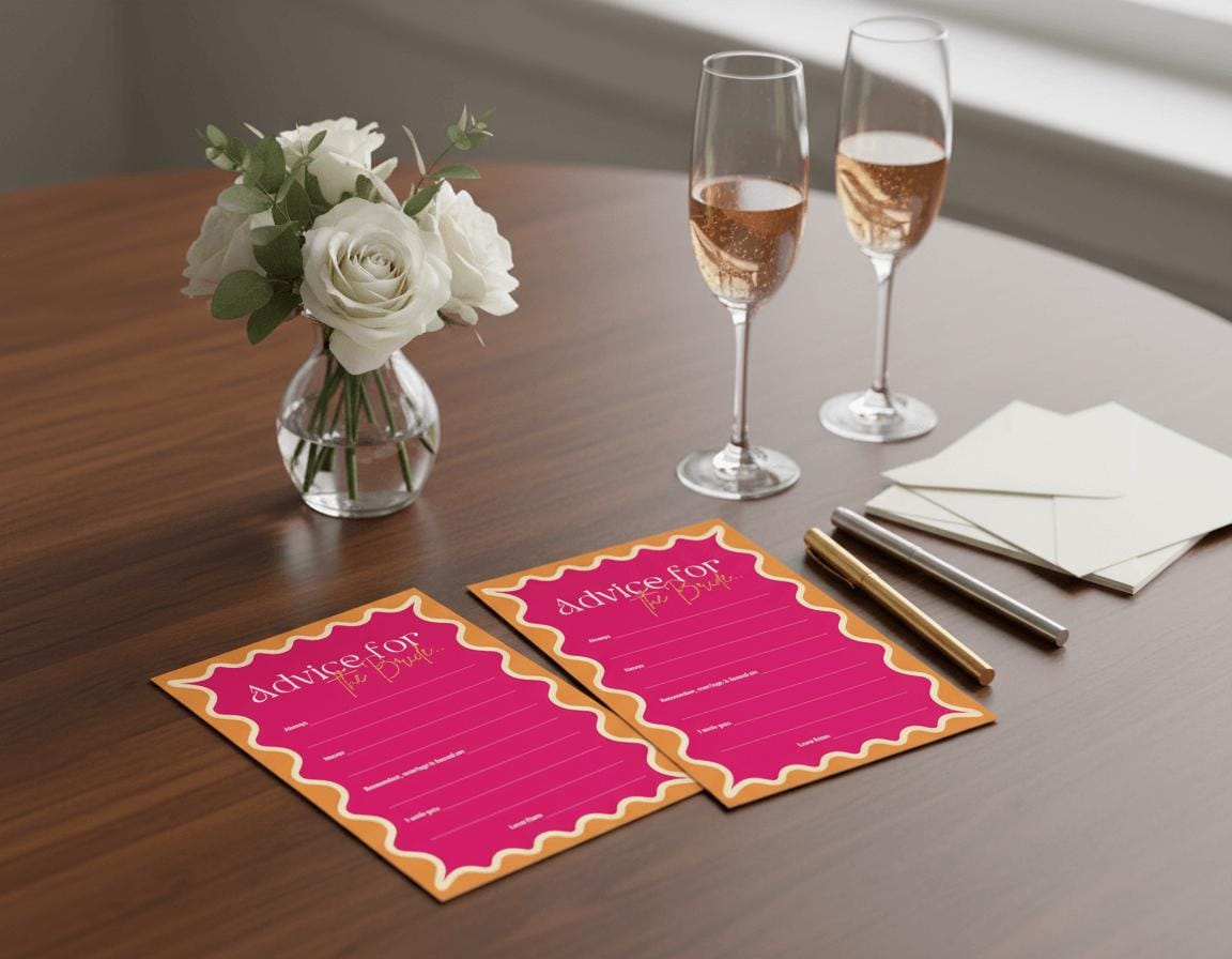 Two glasses of champagne, a vase of white roses, and pink 'Advice for the bride' cards on a table.