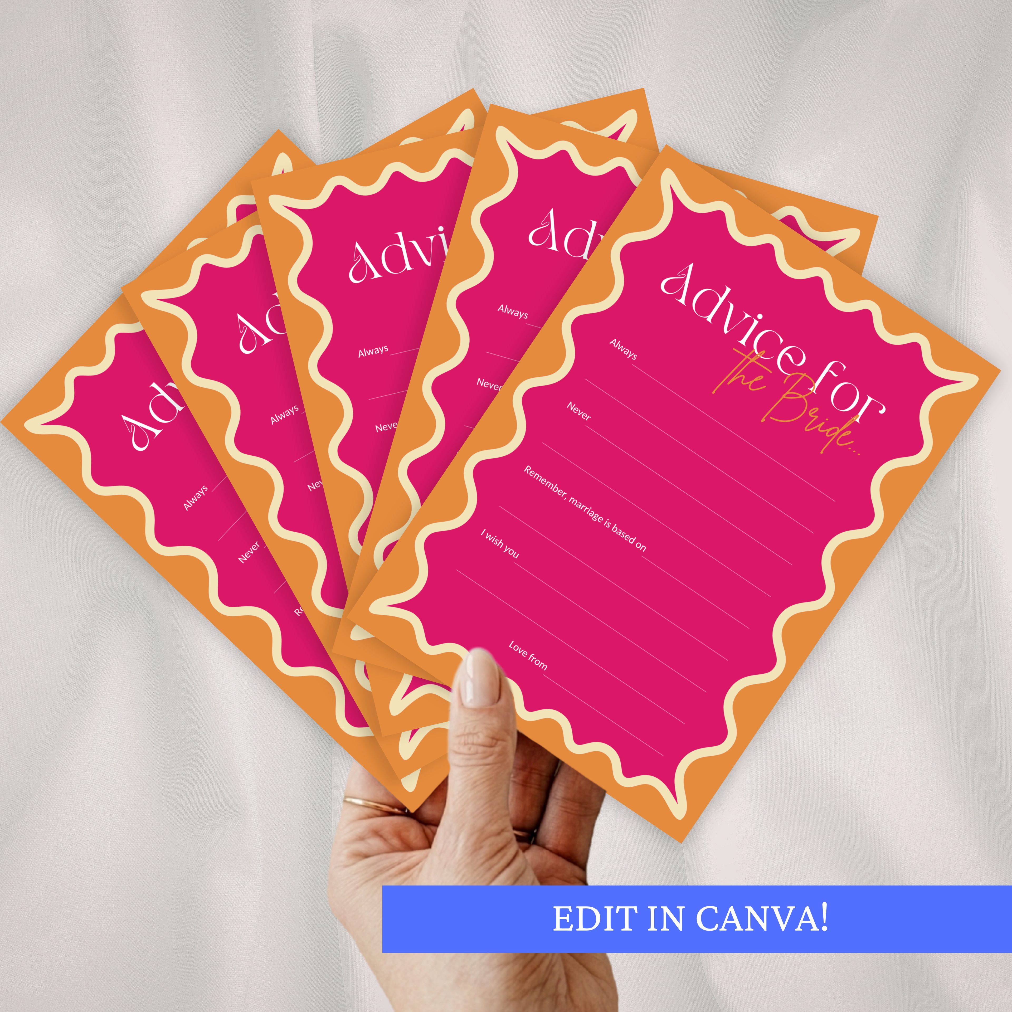 Four 'Advice for the Bride' cards held by a hand with a plain background