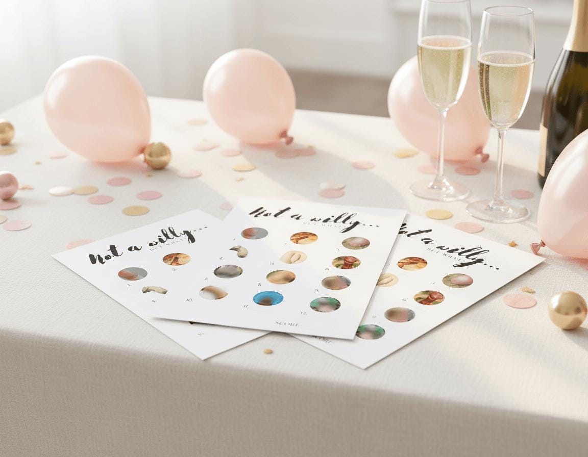Table with champagne glasses, balloons, and three 'Willy or what'-style hen party game cards.