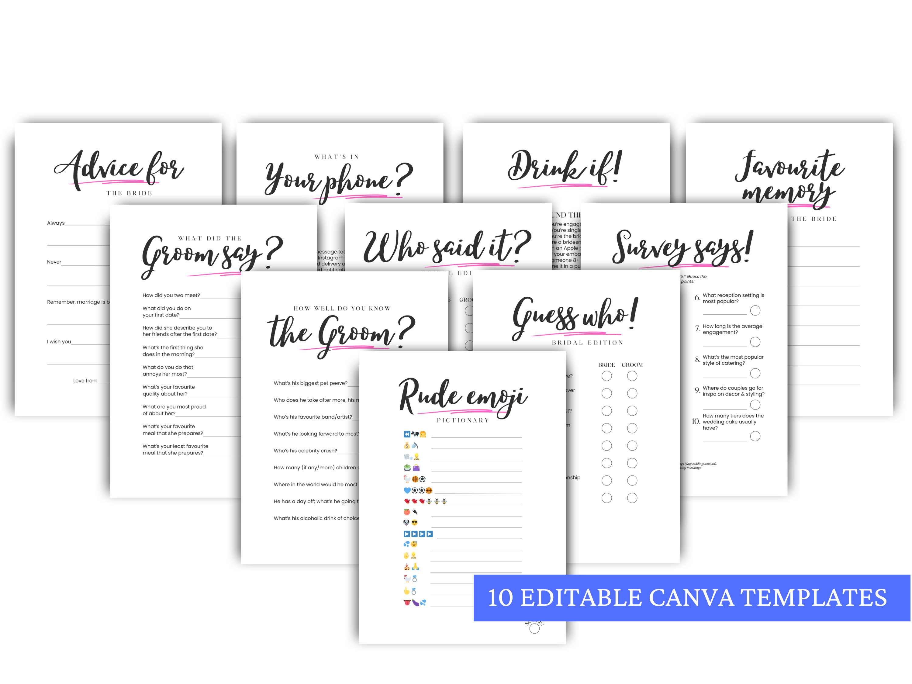 Ten bachelorette party games against a white background. Banner text at the bottom reads "10 Editable Canva Templates". Text on the hen do games include 'Rude emoji pictionary', 'Advice for the bride-to-be', 'What did the Groom say?' and 'What's on your phone'?