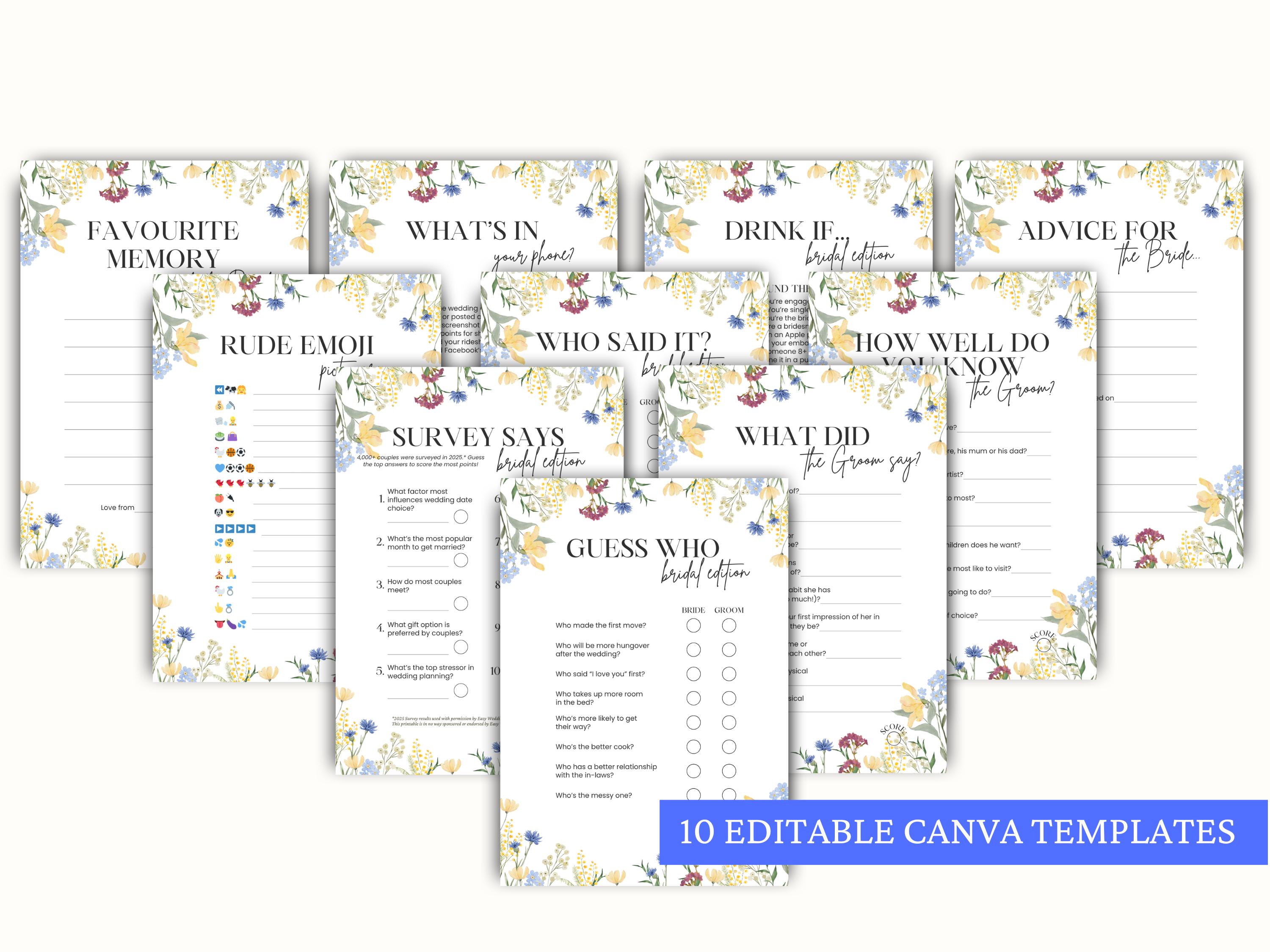Collection of 10 editable Canva hen party gametemplates with various question formats on a white background.
