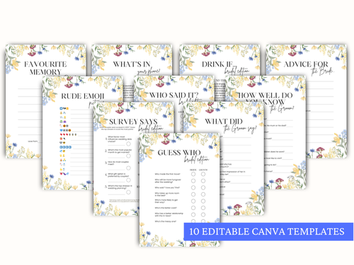Collection of 10 editable Canva hen party gametemplates with various question formats on a white background.