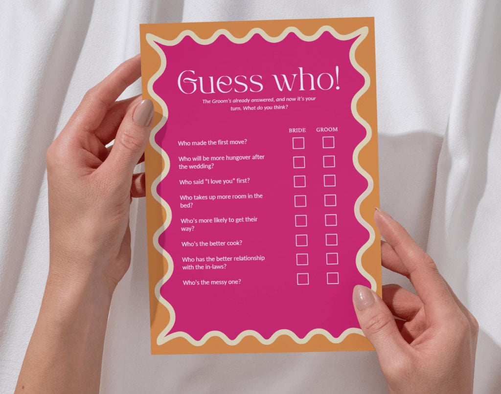 One 'Guess who' bachelorette party game card held by two hands against a white background.