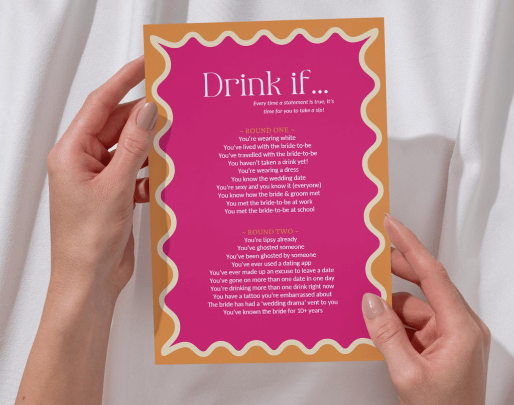One 'Drink if' hen do party game card held by two hands against a white background.