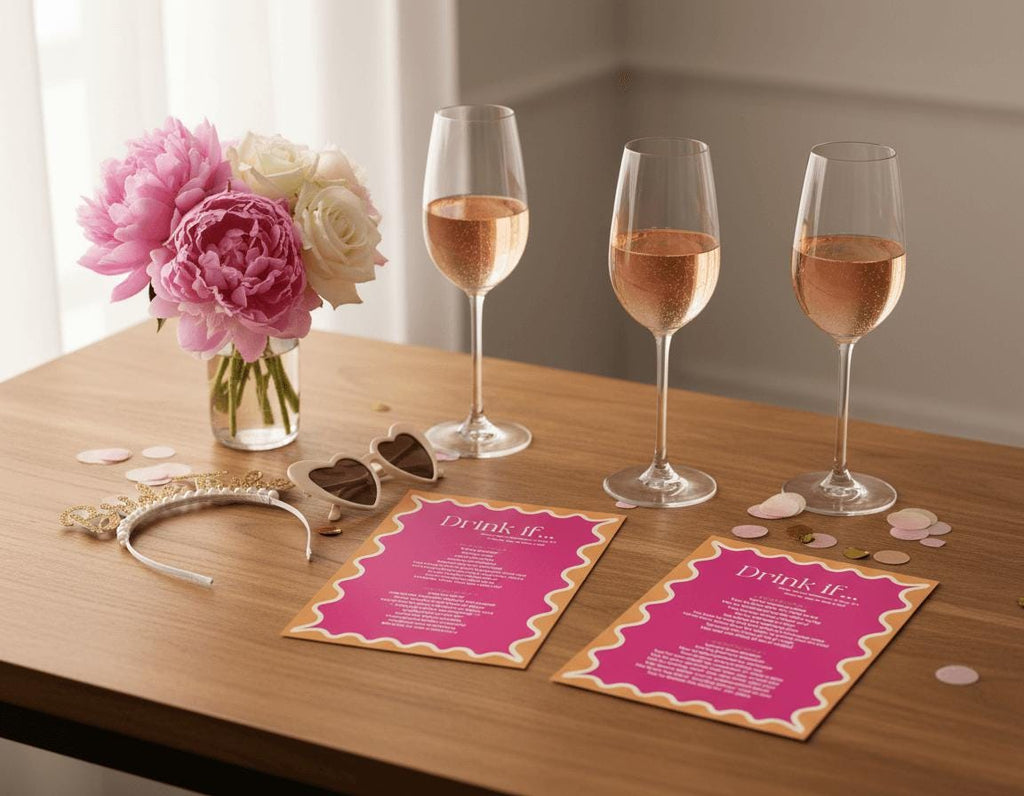 Two bachelorette party games on a table with champage glasses and confetti. 