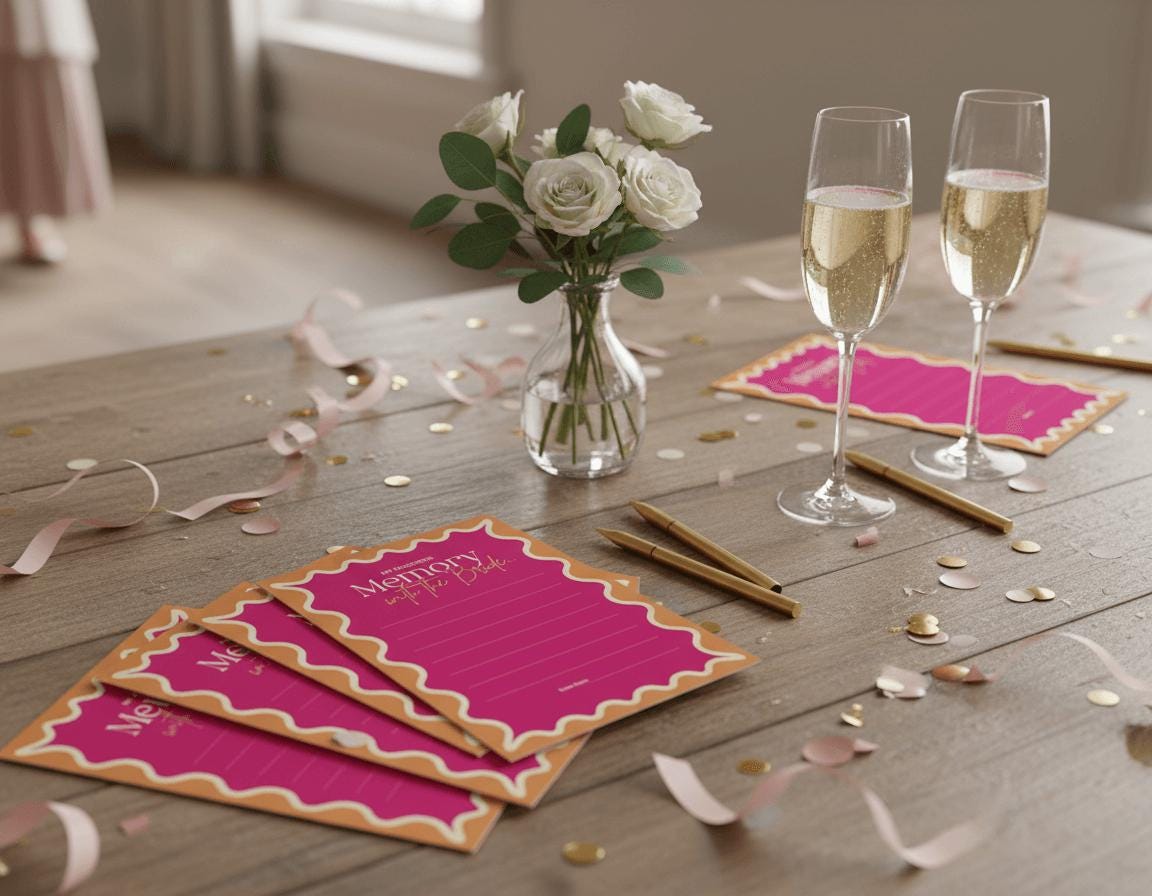 Multiple 'favourite memory with the bride' cards on a table with champagne and confetti and flowers.