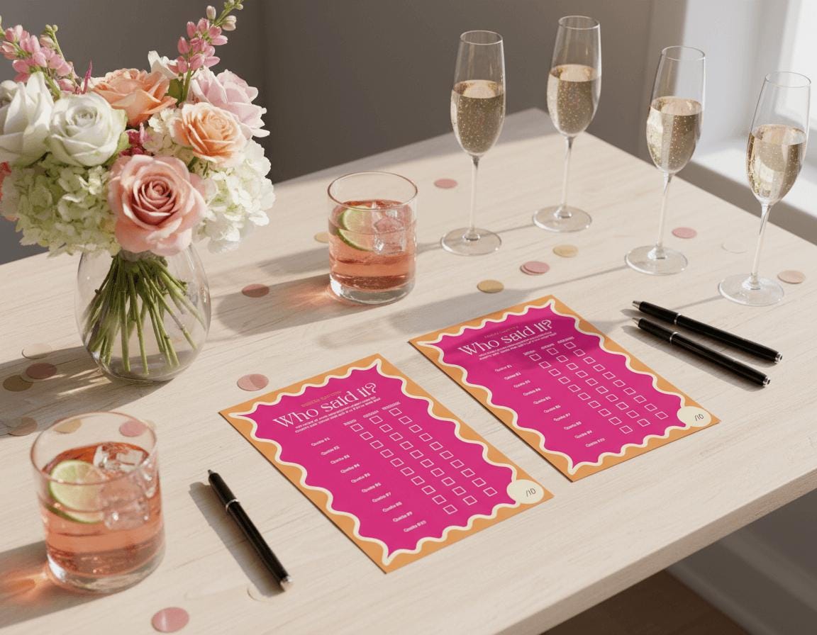 Two 'Who said it' bachelorette party game cards on a table with champagne flutes and roses and confetti.