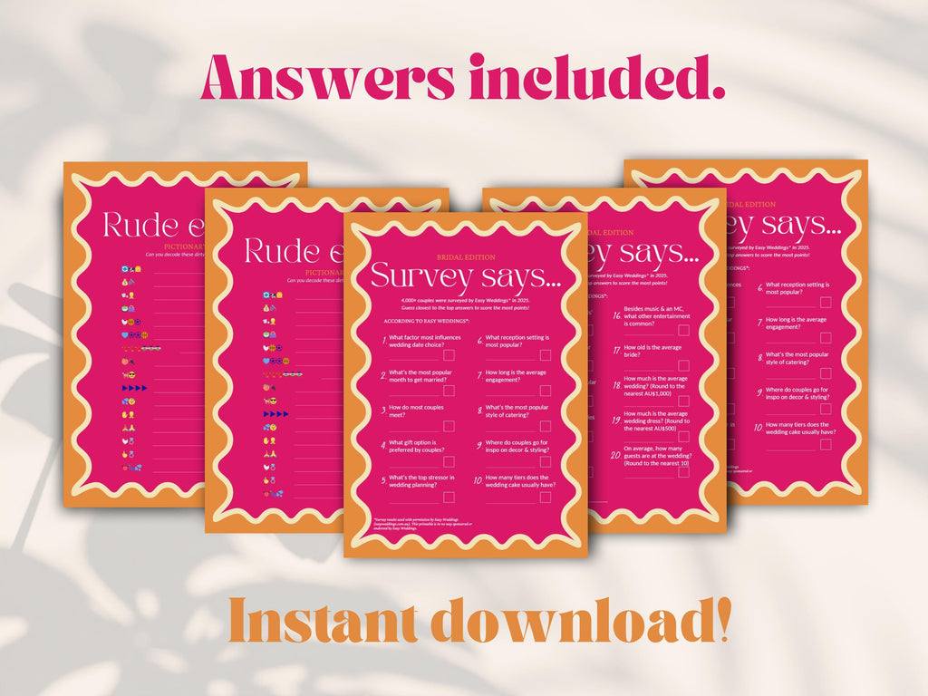 5 hen party game cards against a qhite background with text that reads 'answers included' and 'instant download'.