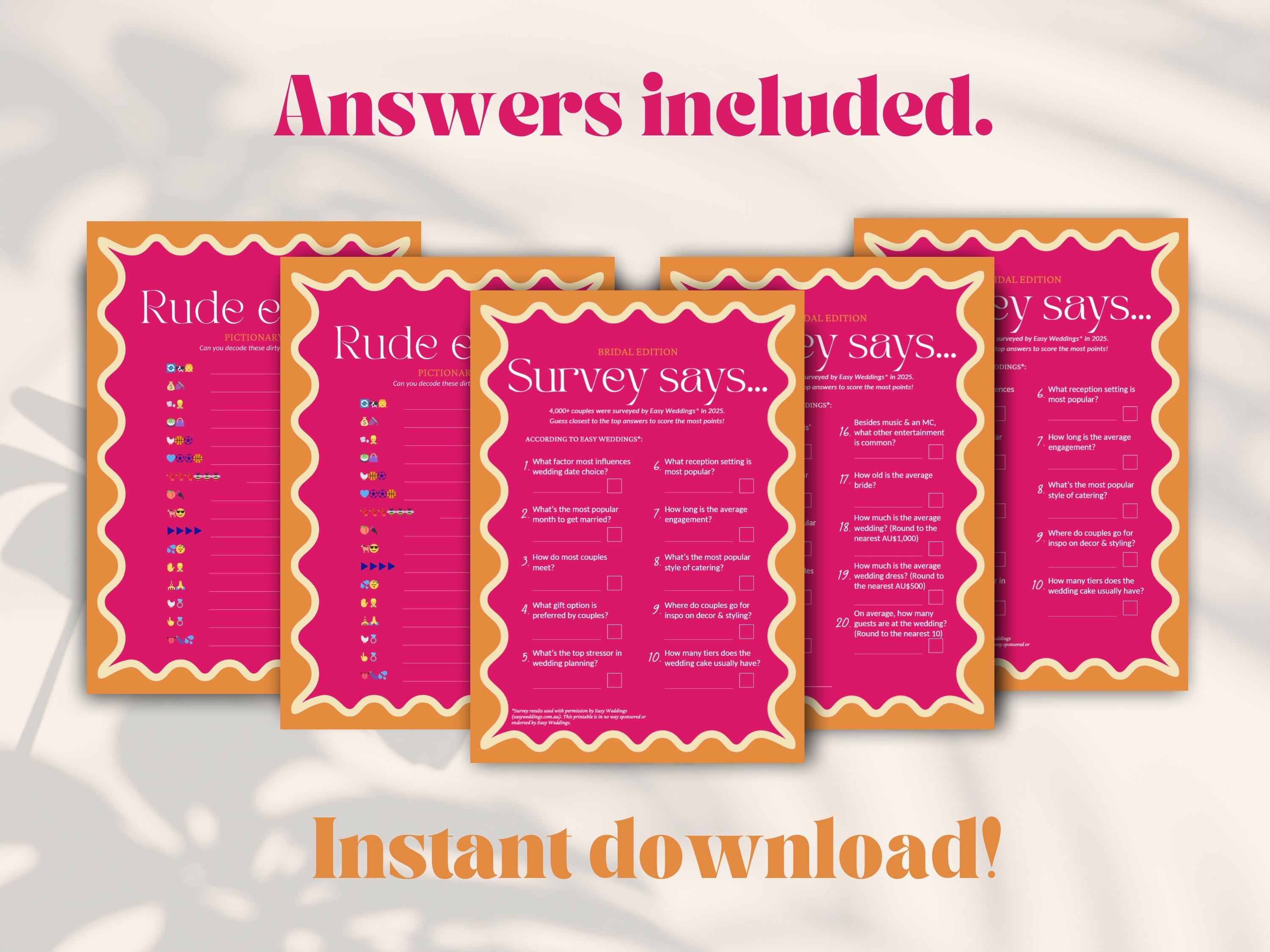 5 hen party game cards against a qhite background with text that reads 'answers included' and 'instant download'.