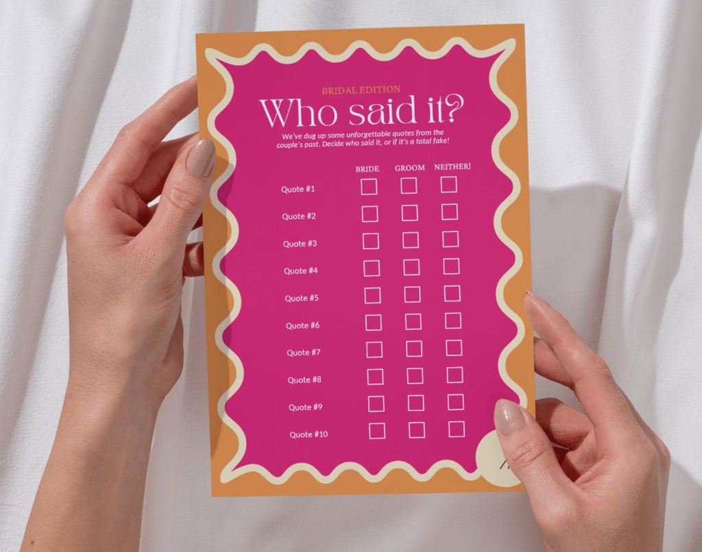One 'who said it' bachelorette party game sheet held by two hands against a white background.