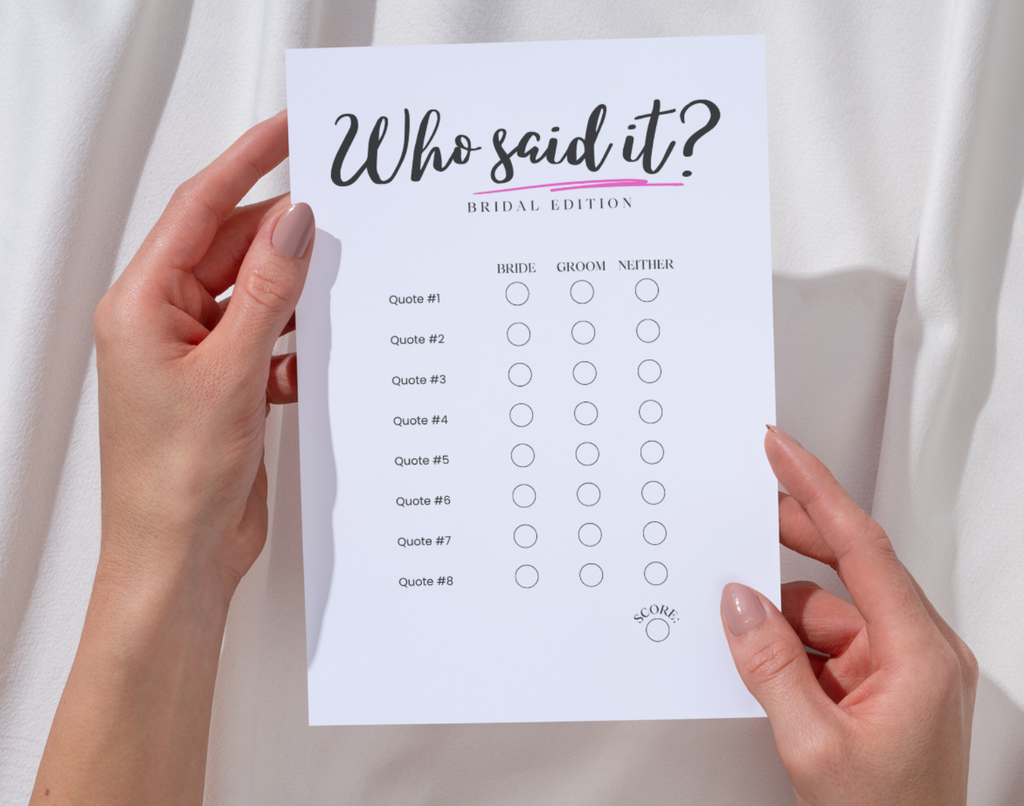 Two hands hold a unique 'Who said it' bachelorette party quote game sheet.