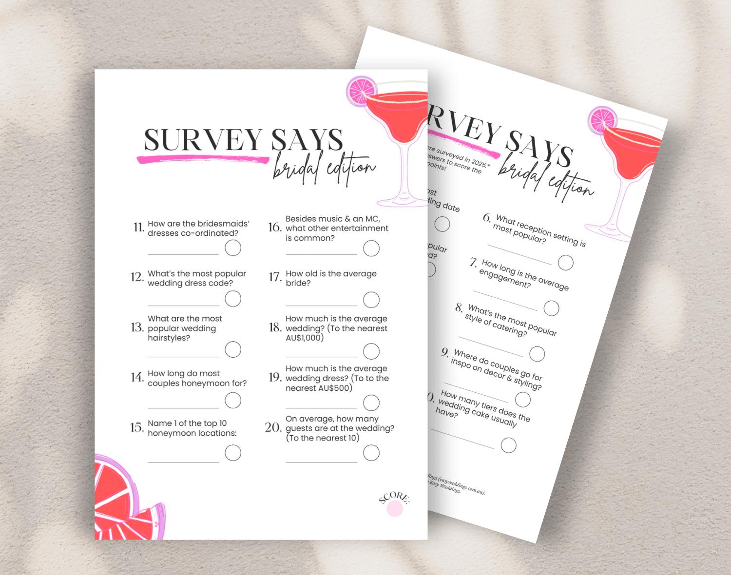 Two Bridal Shower Family Feud party game cards against a white background.