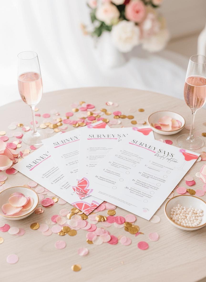 Fanned out Bridal Shower Family Feud party game cards on a table with bubbly and confetti.