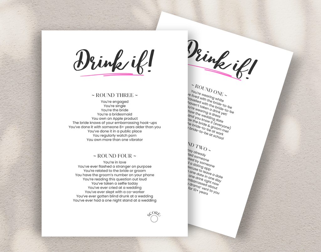 Two bachelorette party game sheets titled 'Drink if' against a white background.