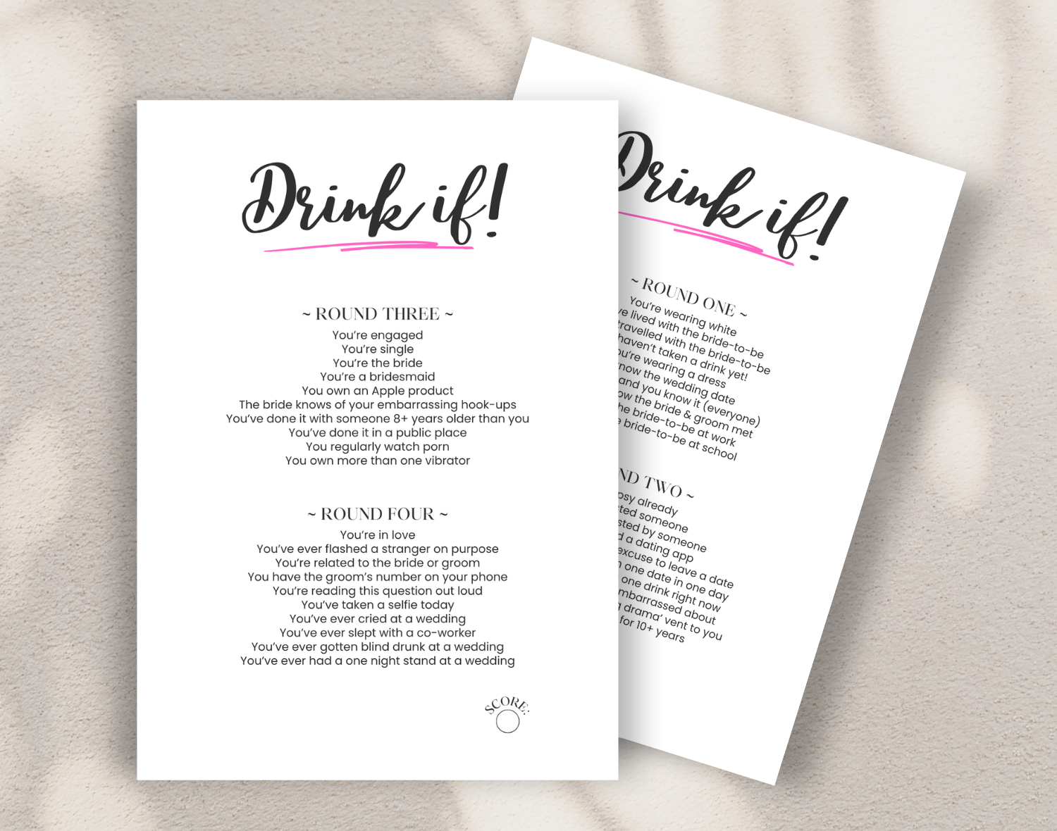 Two bachelorette party game sheets titled 'Drink if' against a white background.