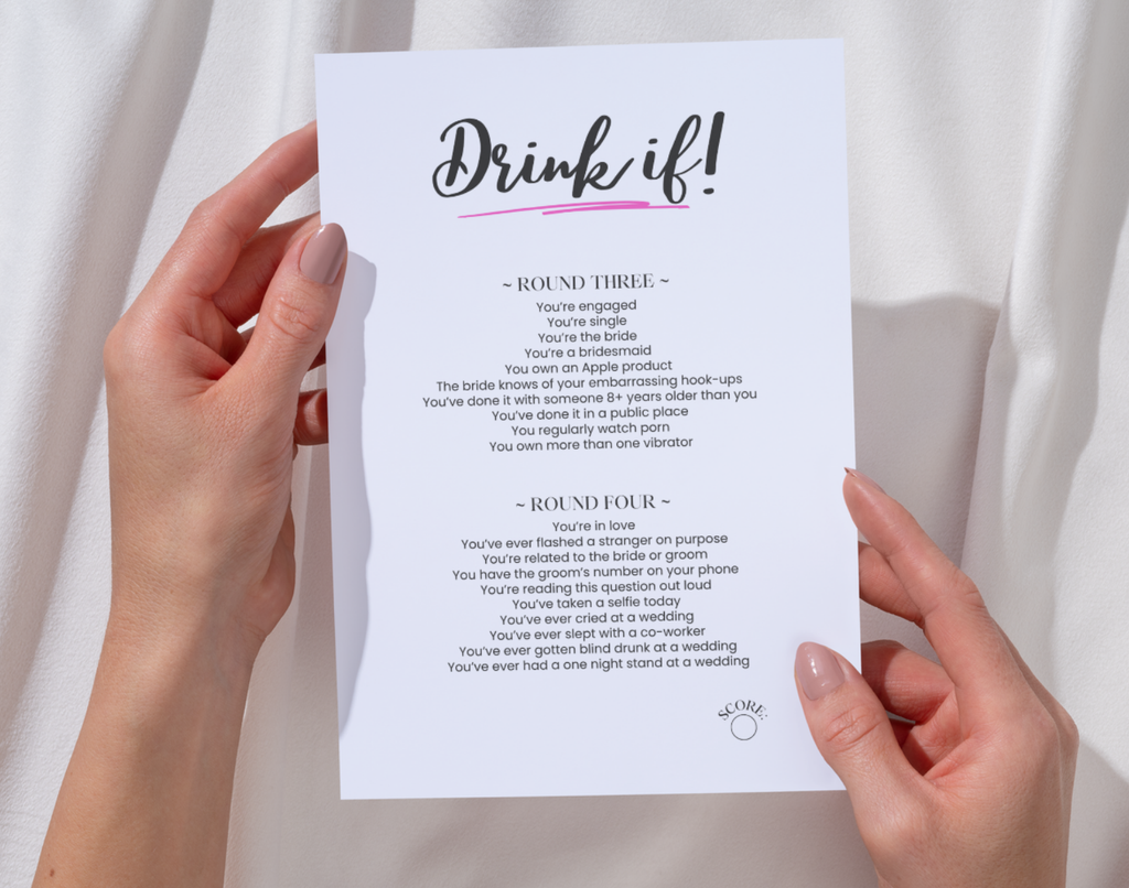Two hands hold a hen do game titled 'Drink if' against a white background.