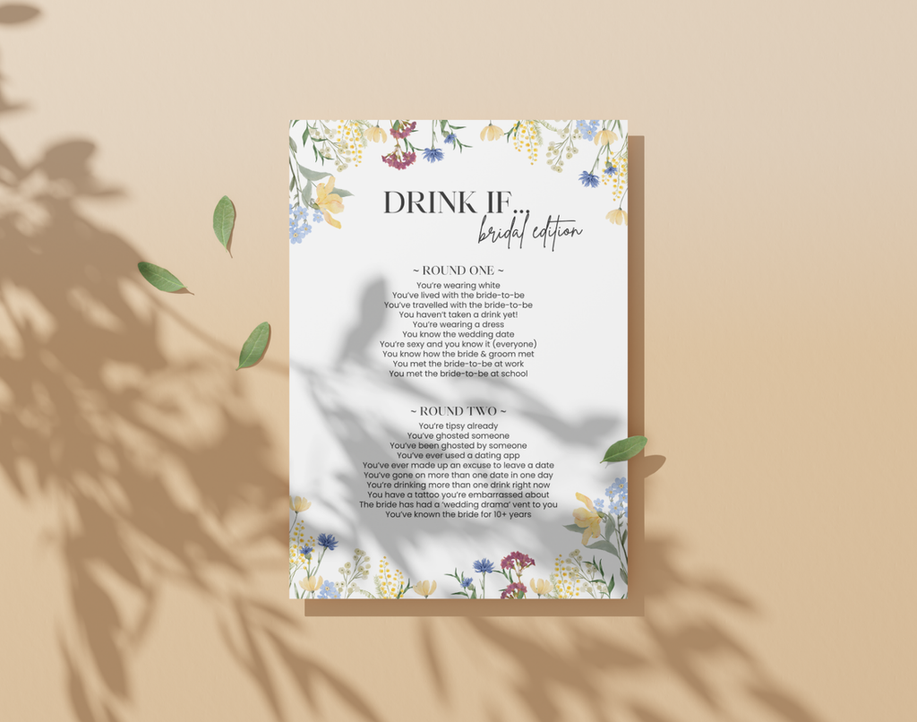 Floral-themed 'Drink If' bachelorette party game card on a beige background