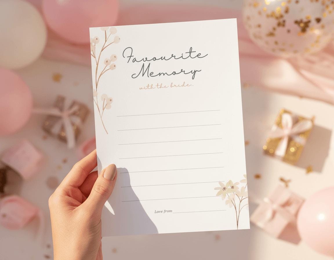 A hand holding a 'favourite memory with the bride' card at a bridal shower with a bridal shower blurred background. 