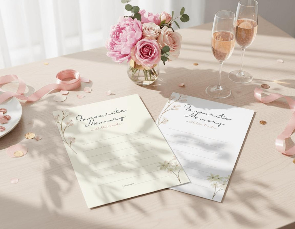 Two 'favourite memory with the bride' cards, one white and one with cream background, on a table with flowers and ribbons.