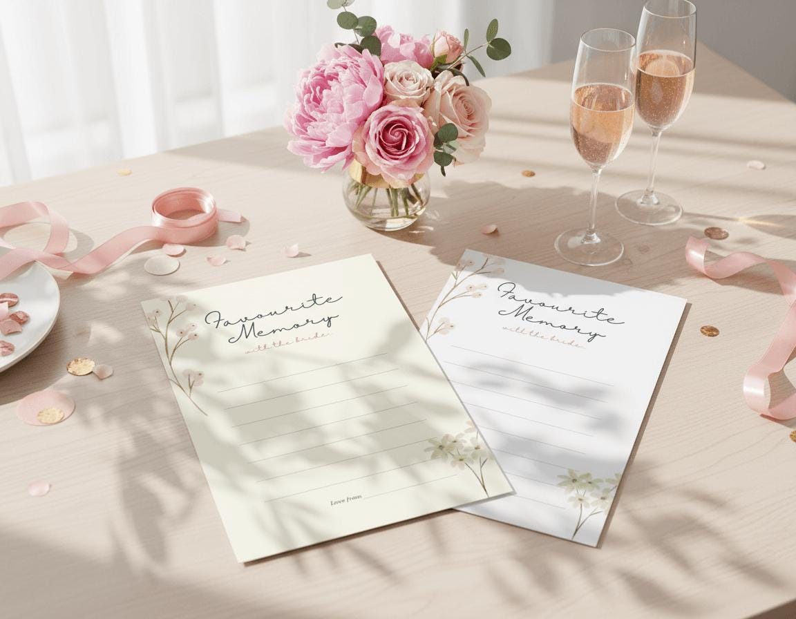 Two 'favourite memory with the bride' cards, one white and one with cream background, on a table with flowers and ribbons.