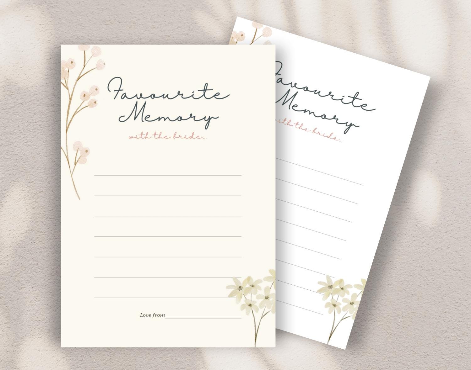 Two sheets of paper with 'Favourite Memory with the bride' text and floral designs on a neutral background. 