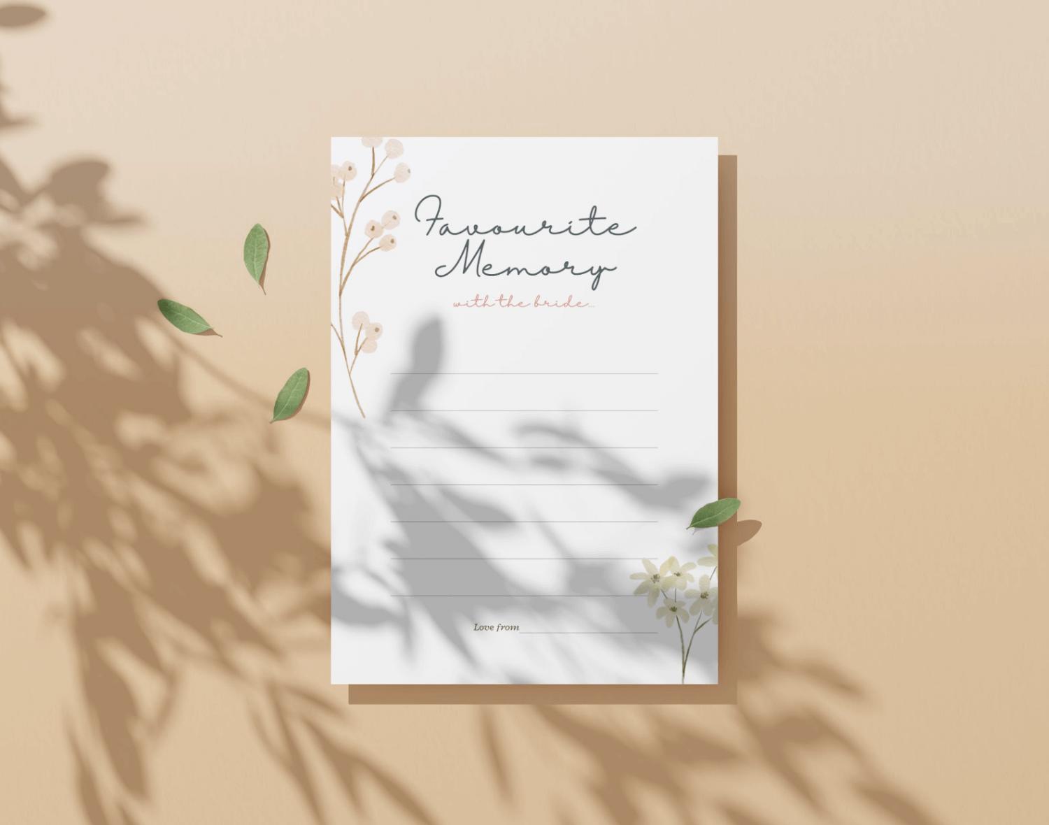 One 'Favourite Memory with the bride' card with floral designs on a neutral background.