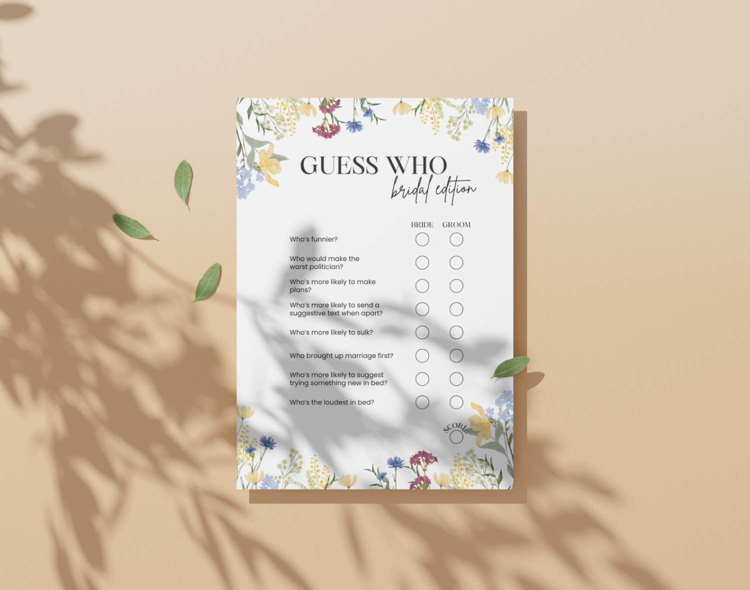 Floral 'Guess Who' bridal shower game sheet on a beige background