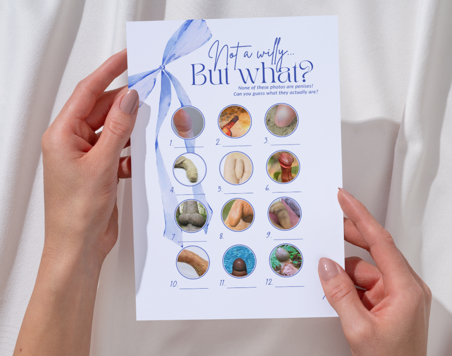 Two hands holding a hen do game sheet with images titled: 'Not a willy, but what?' against a white background.