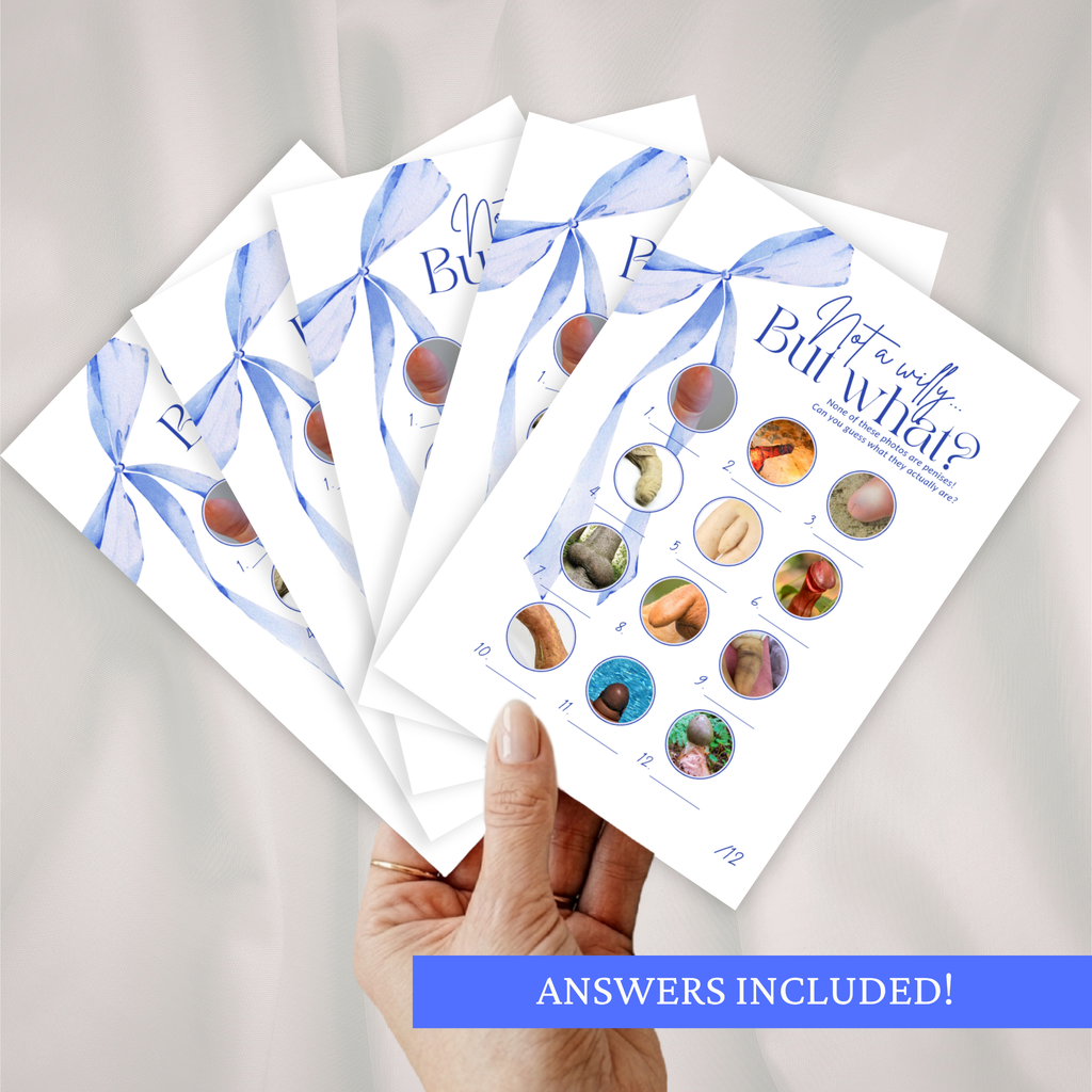 Four bachelorette party 'Willy or What'-style game sheets with a blue ribbon design held by a hand on a light gray background.