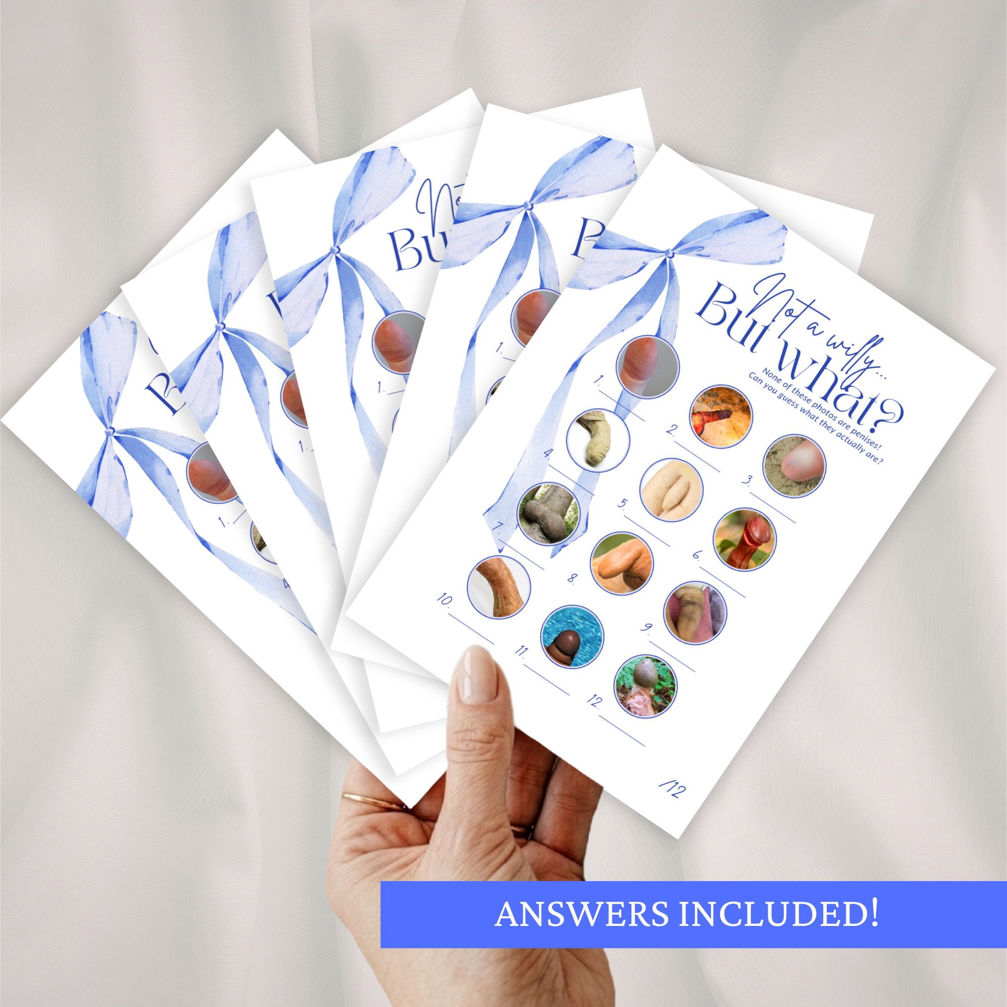 Four bachelorette party 'Willy or What'-style game sheets with a blue ribbon design held by a hand on a light gray background.