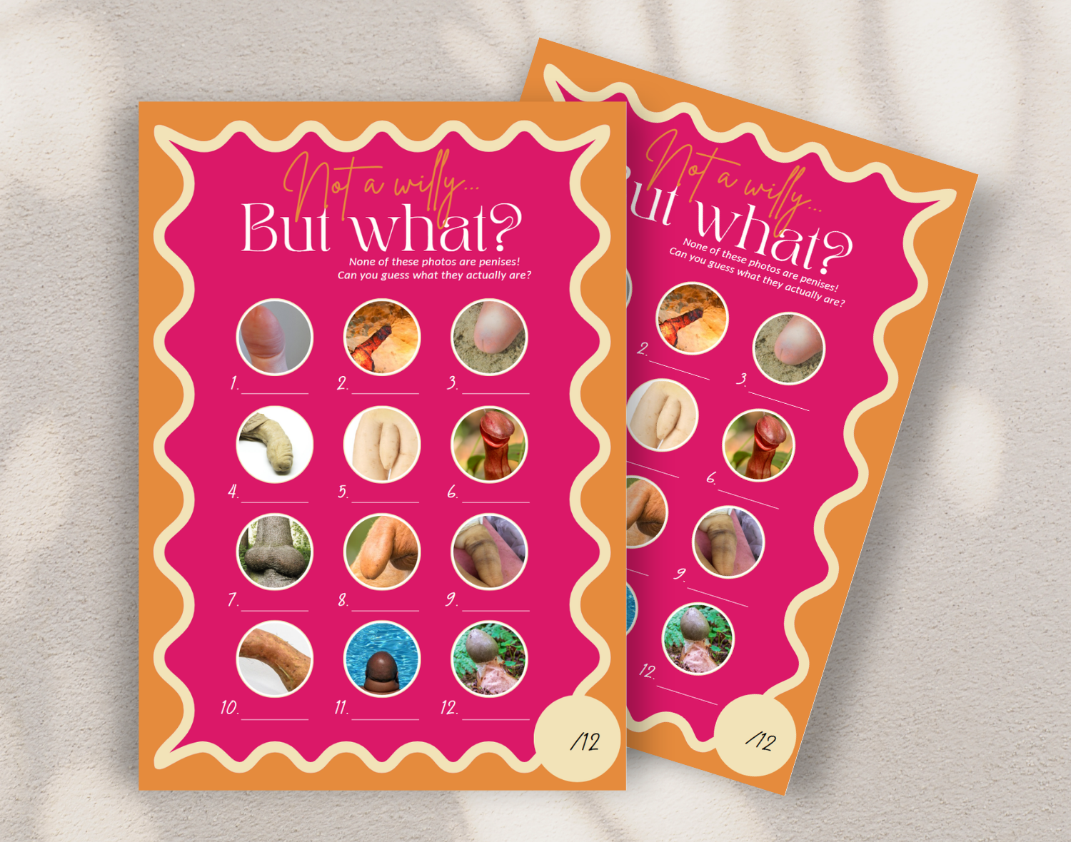 Two 'Willy or what'-style hen do game cards against a beige background.