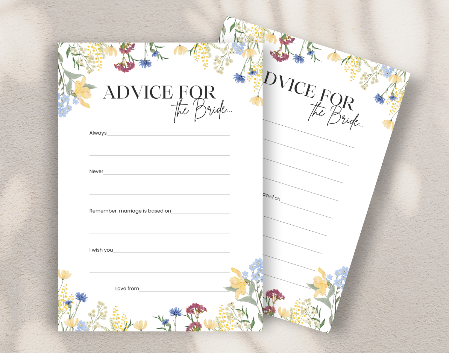 Two 'Advice for the Bride' cards with floral designs on a neutral background.