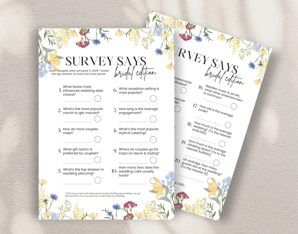 Two bridal family feud game cards on a white background.