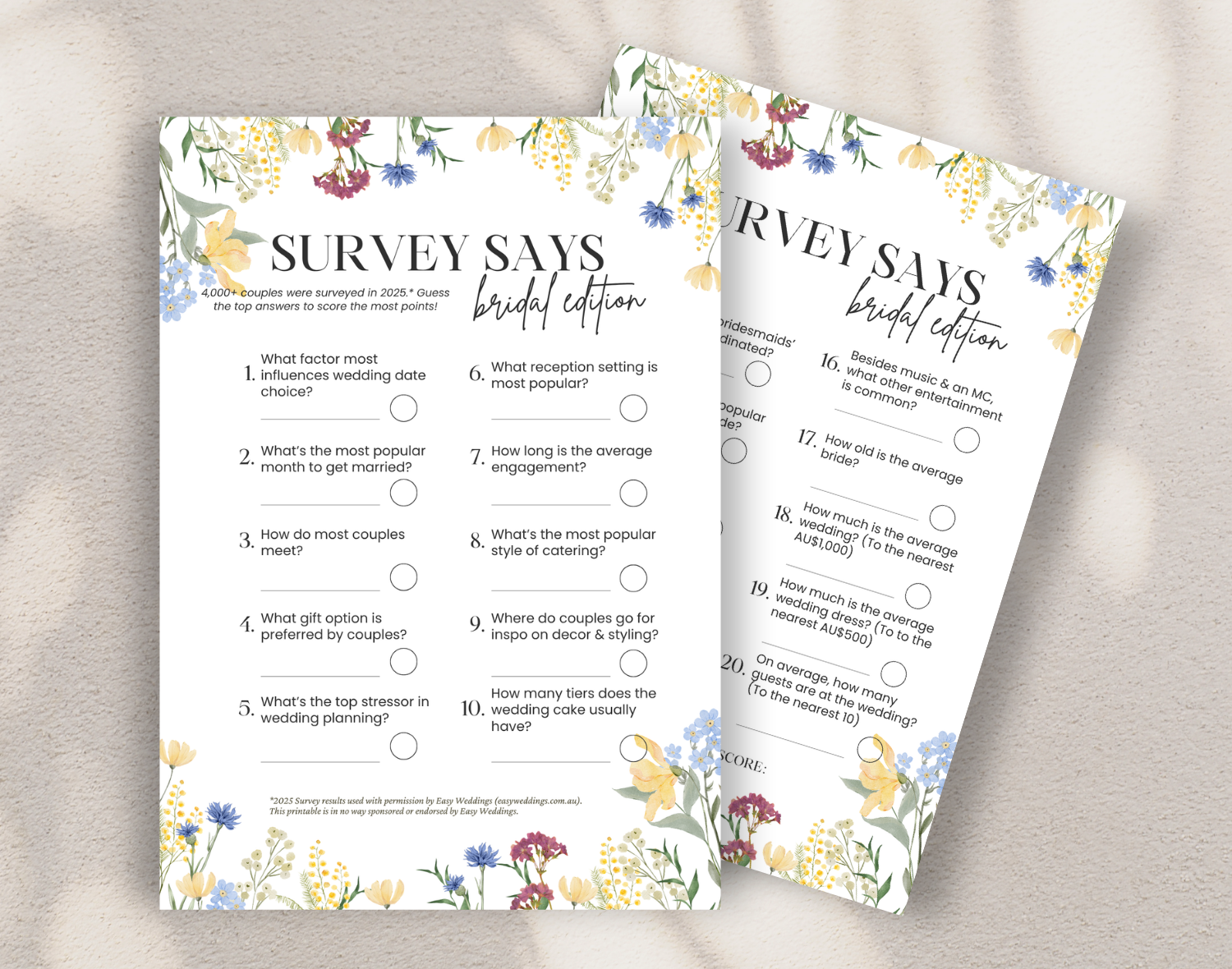 Two bridal family feud game cards on a white background.