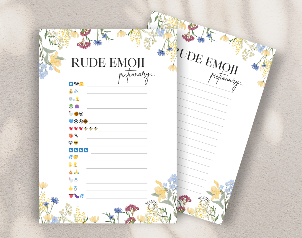 Two 'Rude Emoji Pictionary' hen do game cards on a white background.