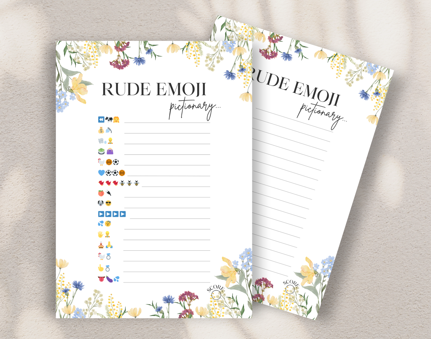 Two 'Rude Emoji Pictionary' hen do game cards on a white background.