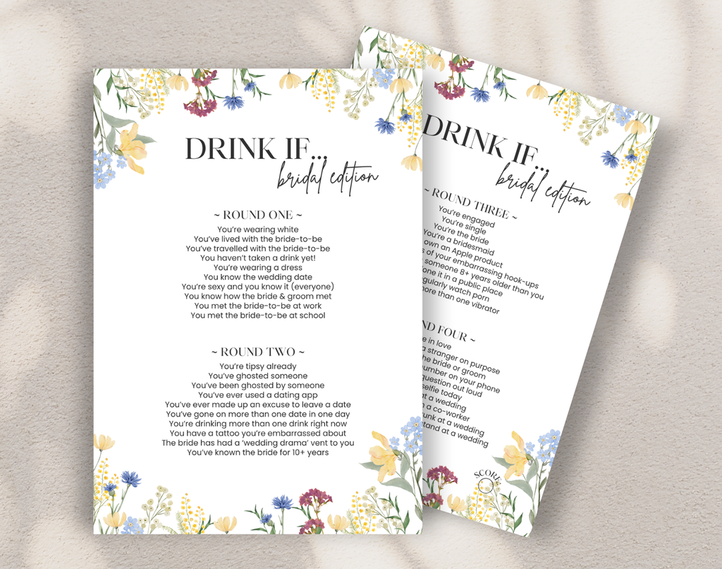 Two 'Drink If' bridal edition game cards with floral designs on a neutral background.