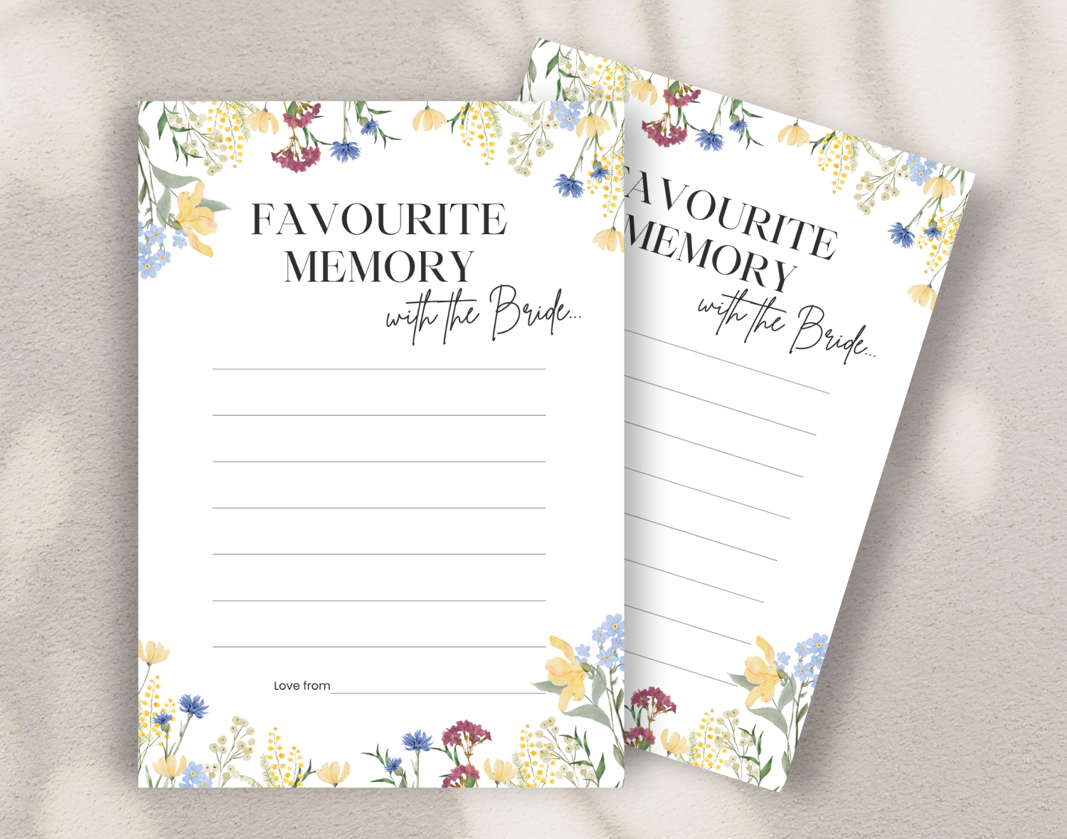 Two floral-themed cards with 'Favourite Memory with the Bride' text on a neutral background.