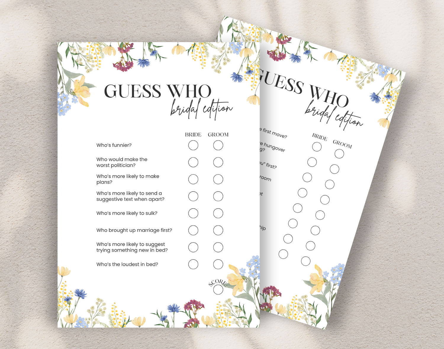 Two 'Guess Who' bridal edition questionnaires with floral designs on a neutral background.