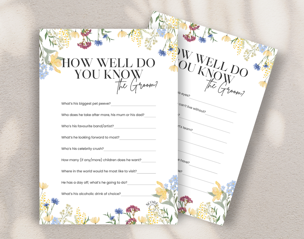 Two questionnaires titled 'How Well Do You Know the Groom?' with floral designs on a neutral background.