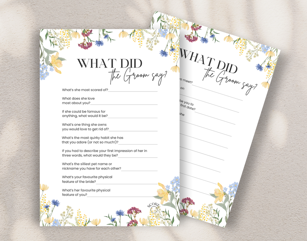 Two questionnaires titled 'What Did the Groom Say?' with floral designs on a neutral background.